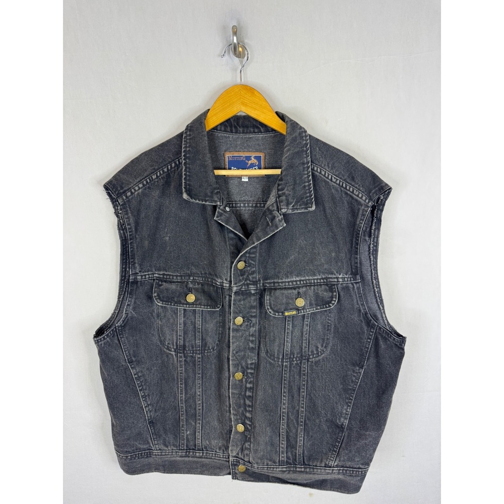 Vintage Mustang Roughrider Mens XL Black Denim Vest Biker Trucker Jacket